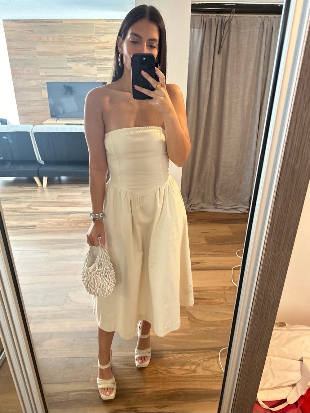 Strapless Cream Midi Dress by